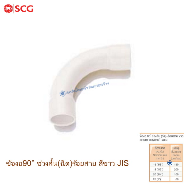 ข้อต่อข้องอ90ช่วงสั้น ตราช้าง ร้อยสายไฟ ขาว JIS