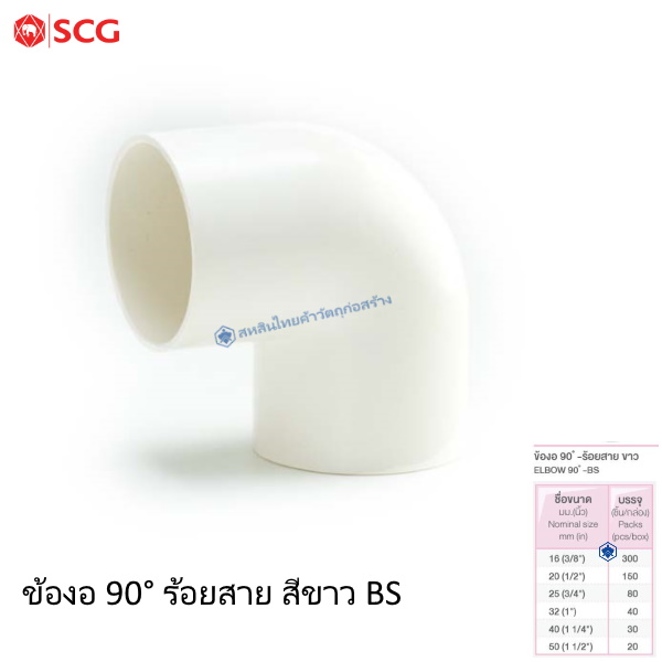 ข้อต่อข้องอ90 PVC ตราช้าง ร้อยสายไฟ ขาว BS