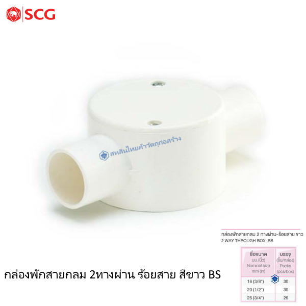 ข้อต่อกล่องพักสายกลม 2 ทาง PVC ตราช้าง ระบบร้อยสาย ขาว (BS)