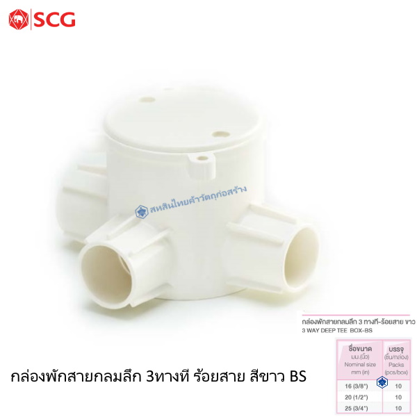 ข้อต่อกล่องพักสายกลมลึก 3 ทางที PVC ตราช้าง ร้อยสายไฟ ขาว (BS)