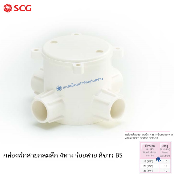 ข้อต่อกล่องพักสายกลมลึก 4 ทาง PVC ร้อยสายไฟ ขาว (BS)